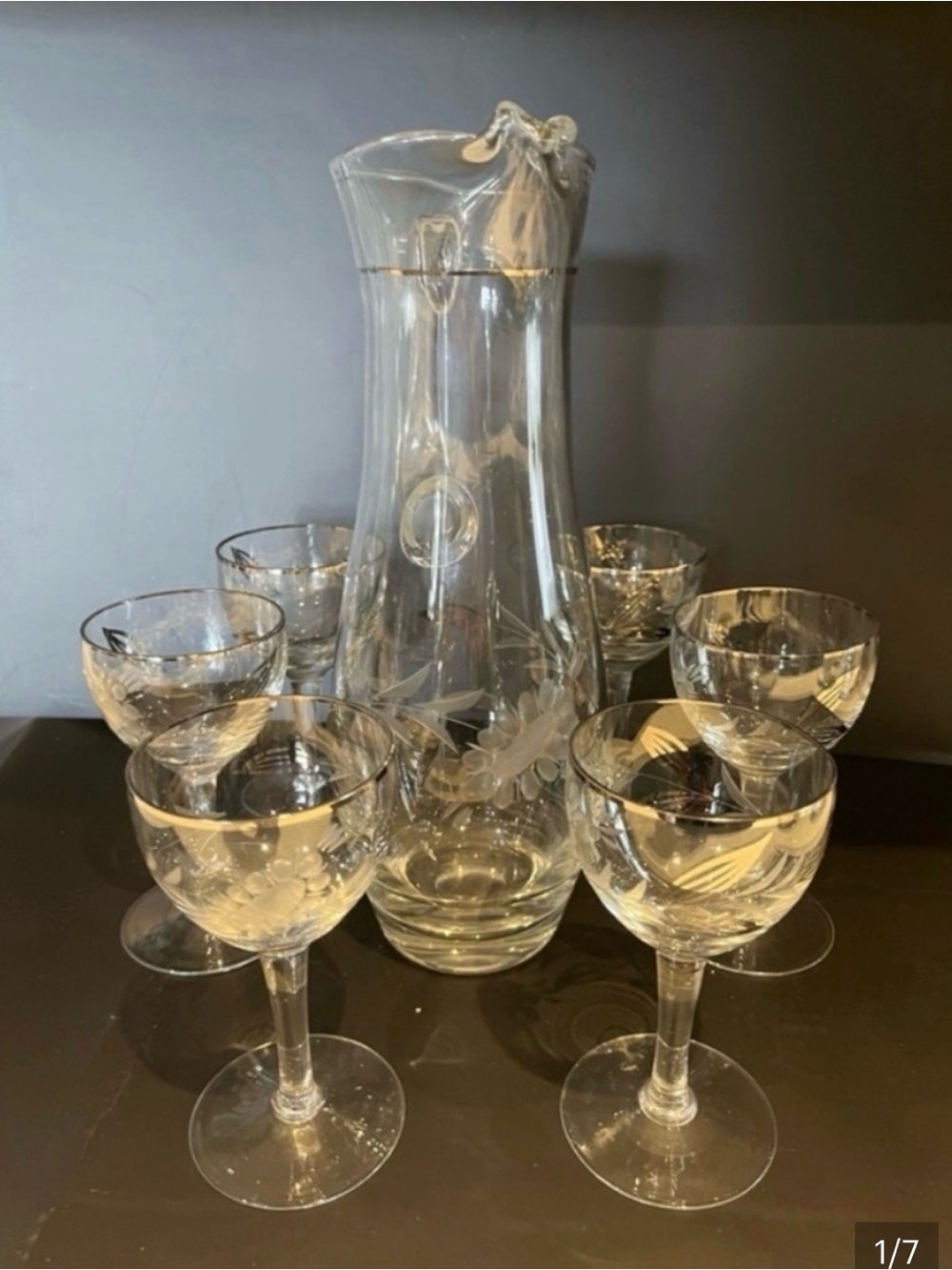 Vintage Clear Etched Glass Wine Decanter and Goblet Set - Clear